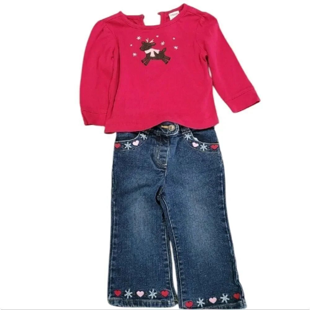 Adorable reindeer top with embroidery jeans